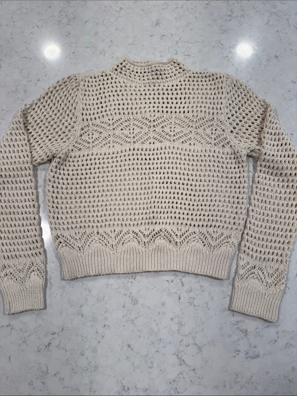 Mango MNG Women's Medium Off White Mock Neck Crochet Knit Sweater Casual Comfy